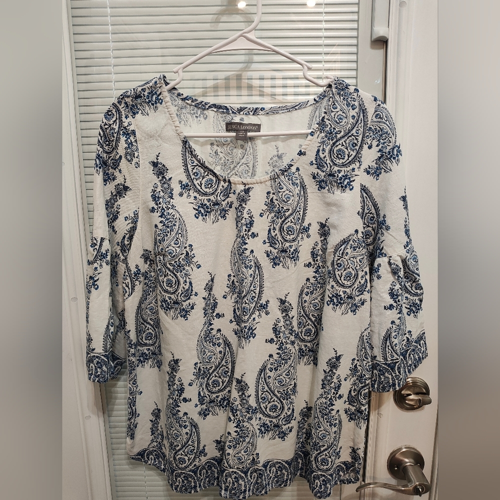Jessica London 14W white and shades of Navy blue color Paisley print Bell sleeve